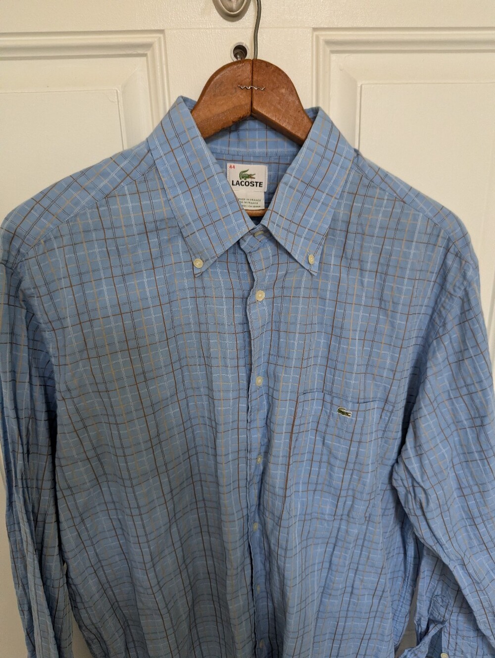 Vintage Lacoste Mens 44 Button Down Shirt Made In France Blue Grid Plaid